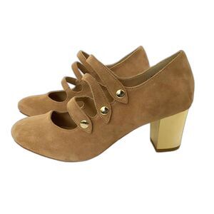 Anthropologie Rara Avis Suede Tan Heel Rockabilly Strappy Twee Mary Janes 7W